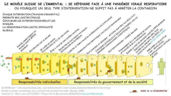 gruyere Dessin qui explique comment une bonneg protection pandémique consiste à superposer des dispositifs de protection