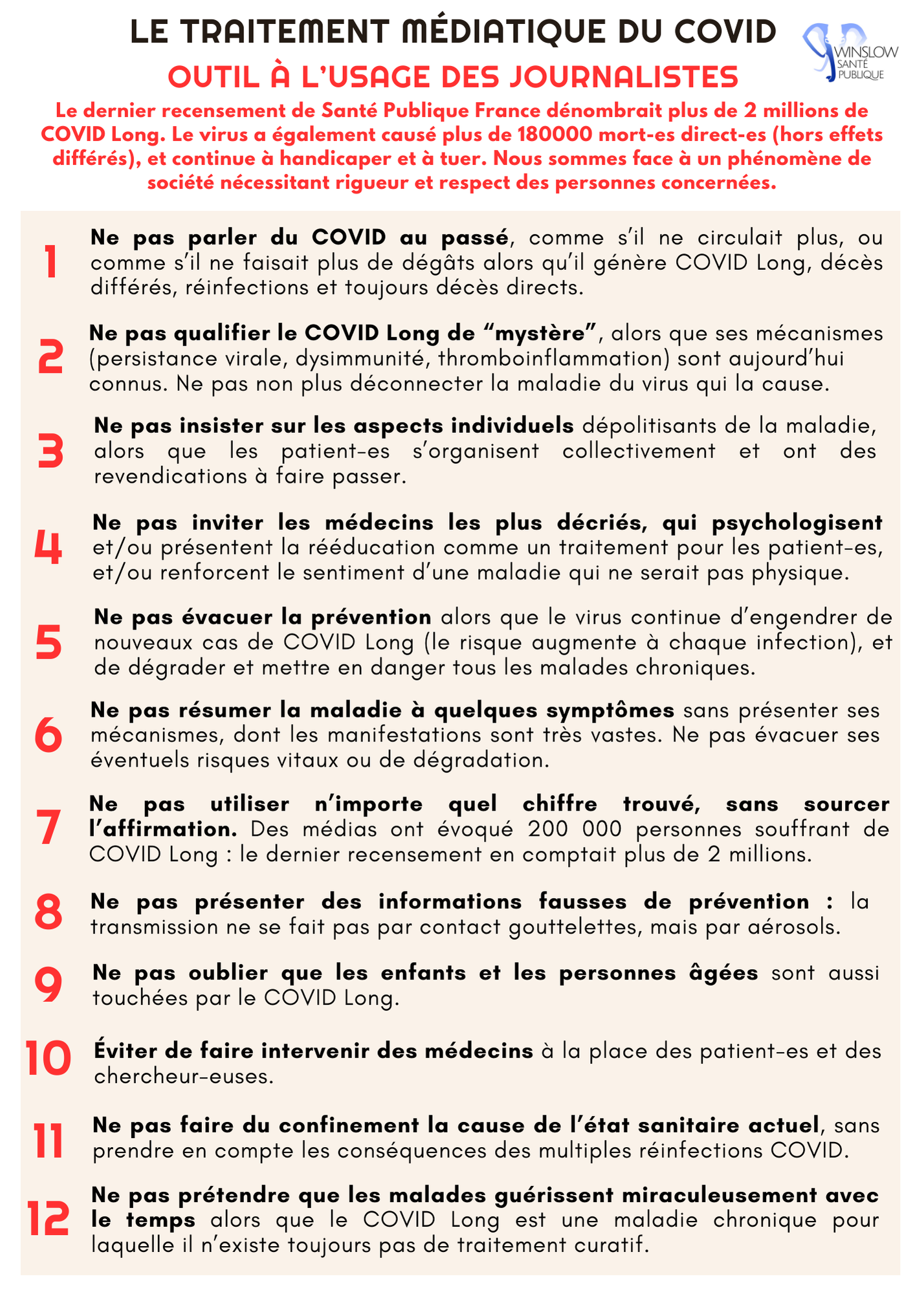 Outil journaliste Le traitement médiatique du covid outil à l’usage des journalistes Le dernier recensement de Santé Publique France dénombrait plus de 2 millions de COVID Long. Le virus a également causé plus de 180000 mort-es direct-es (hors effets différés), et continue à handicaper et à tuer. Nous sommes face à un phénomène de société nécessitant rigueur et respect des personnes concernées. Ne pas parler du COVID au passé, comme s’il ne circulait plus, ou comme s’il ne faisait plus de dégâts alors qu’il génère COVID Long, décès différés, réinfections et toujours décès directs. Ne pas qualifier le COVID Long de “mystère”, alors que ses mécanismes (persistance virale, dysimmunité, thromboinflammation) sont aujourd’hui connus. Ne pas non plus déconnecter la maladie du virus qui la cause. Ne pas insister sur les aspects individuels dépolitisants de la maladie, alors que les patient-es s’organisent collectivement et ont des revendications à faire passer. Ne pas résumer la maladie à quelques symptômes sans présenter ses mécanismes, dont les manifestations sont très vastes. Ne pas évacuer ses éventuels risques vitaux ou de dégradation. Ne pas évacuer la prévention alors que le virus continue d’engendrer de nouveaux cas de COVID Long (le risque augmente à chaque infection), et de dégrader et mettre en danger tous les malades chroniques. Ne pas inviter les médecins les plus décriés, qui psychologisent et/ou présentent la rééducation comme un traitement pour les patient-es, et/ou renforcent le sentiment d’une maladie qui ne serait pas physique. Ne pas utiliser n’importe quel chiffre trouvé, sans sourcer l’affirmation. Des médias ont évoqué 200 000 personnes souffrant de COVID Long : le dernier recensement en comptait plus de 2 millions. Éviter de faire intervenir des médecins à la place des patient-es et des chercheur-euses. Ne pas présenter des informations fausses de prévention : la transmission ne se fait pas par contact gouttelettes, mais par aérosols. Ne pas faire du confinement la cause de l’état sanitaire actuel, sans prendre en compte les conséquences des multiples réinfections COVID. Ne pas oublier que les enfants et les personnes âgées sont aussi touchées par le COVID Long. Ne pas prétendre que les malades guérissent miraculeusement avec le temps alors que le COVID Long est une maladie chronique pour laquelle il n’existe toujours pas de traitement curatif.