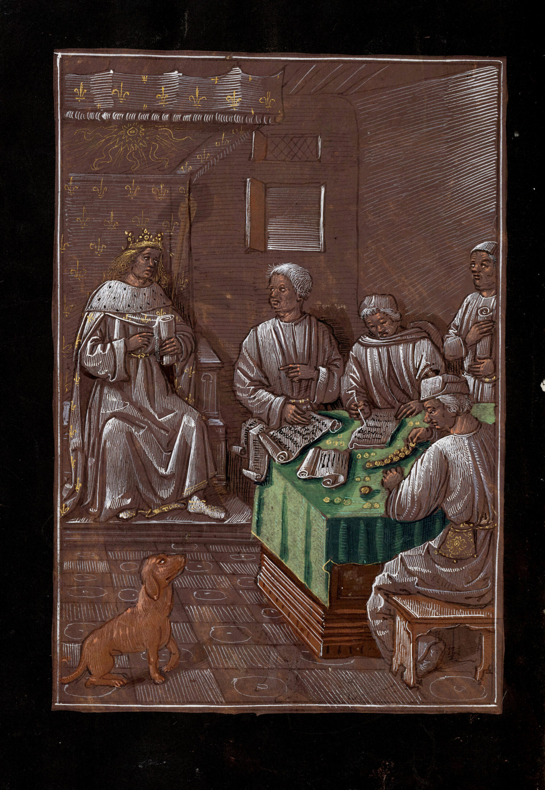 20240226113730000000_btv1b52521569q_f92_rec La chambre des comptes, peinture. Le roi Charles VII surveille ici l’action des clercs de la Chambre des comptes, chargés de vérifier la comptabilité des agents locaux de la monarchie. Ceux-ci manipulent les rôles, en même temps qu’ils alignent les jetons. Le prince en majesté se distingue par la position surélevée de son trône, qui exprime ici l’idée de contrôle.