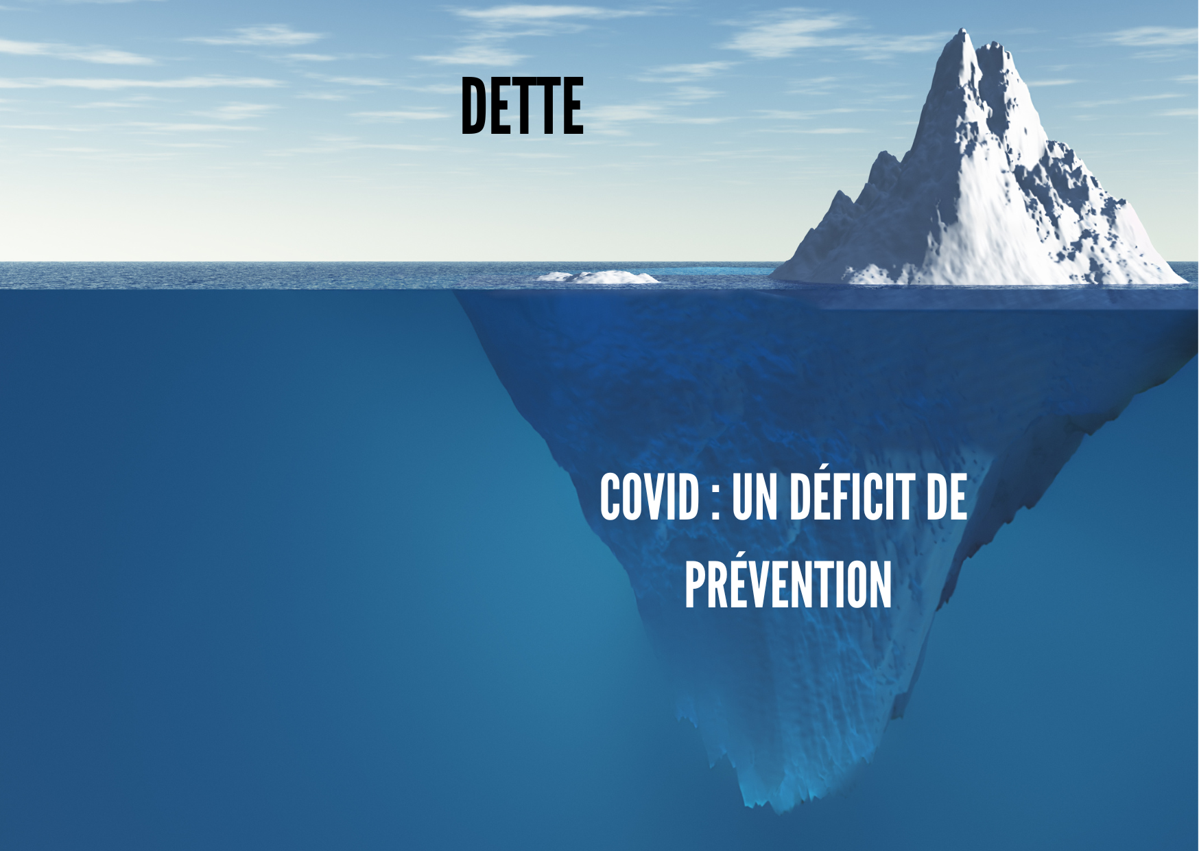 image tribune (4) vue d'un Iceberg avec une grosse partie sous l'eau. En haut : Dette En bas, sous l'"eau : "covid :un déficit de prévention"